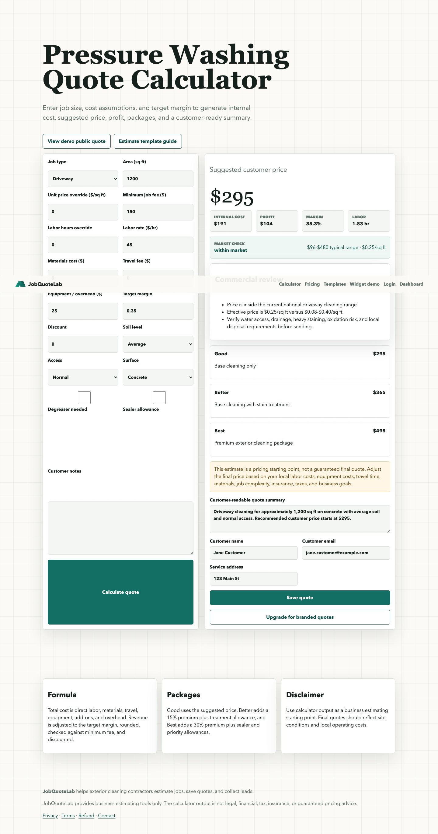 JobQuoteLab calculator result showing internal cost, suggested customer price, package options, and customer-safe quote actions
