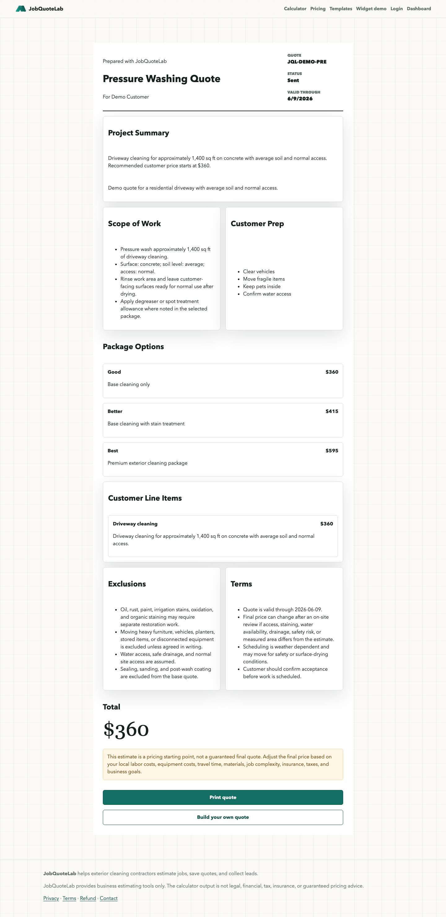 JobQuoteLab public quote page showing customer-safe pressure washing scope, package options, terms, and total price