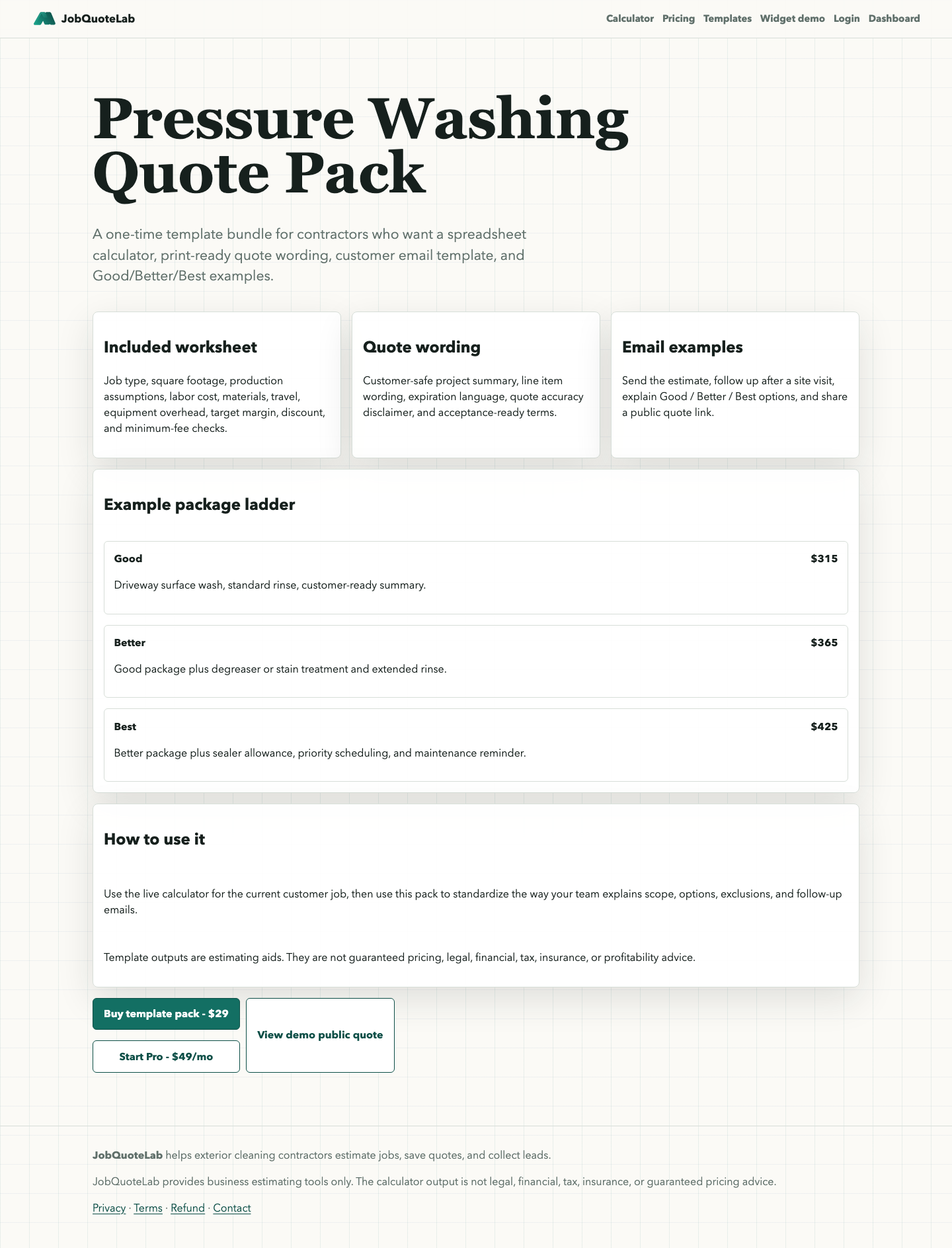 JobQuoteLab pressure washing quote template pack preview with worksheet, quote, and follow-up email files